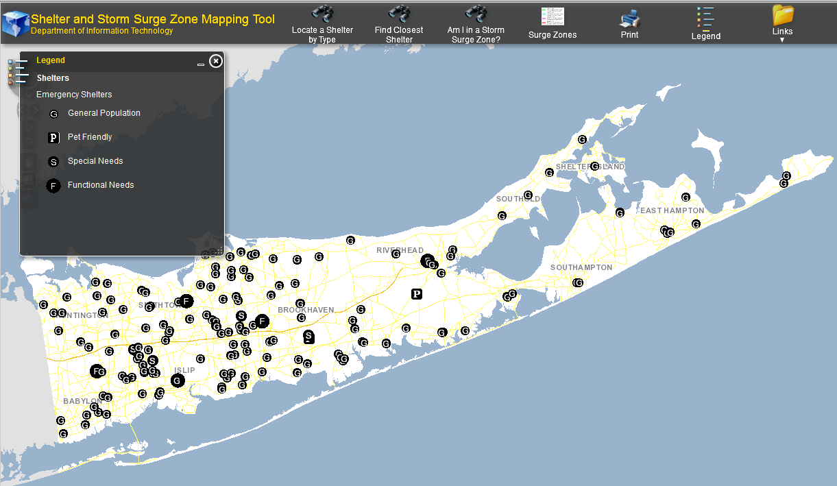 Map of Long Island with dots showing the location of Shelters- go to the Shelter and Storm Surge Zone mapping tool